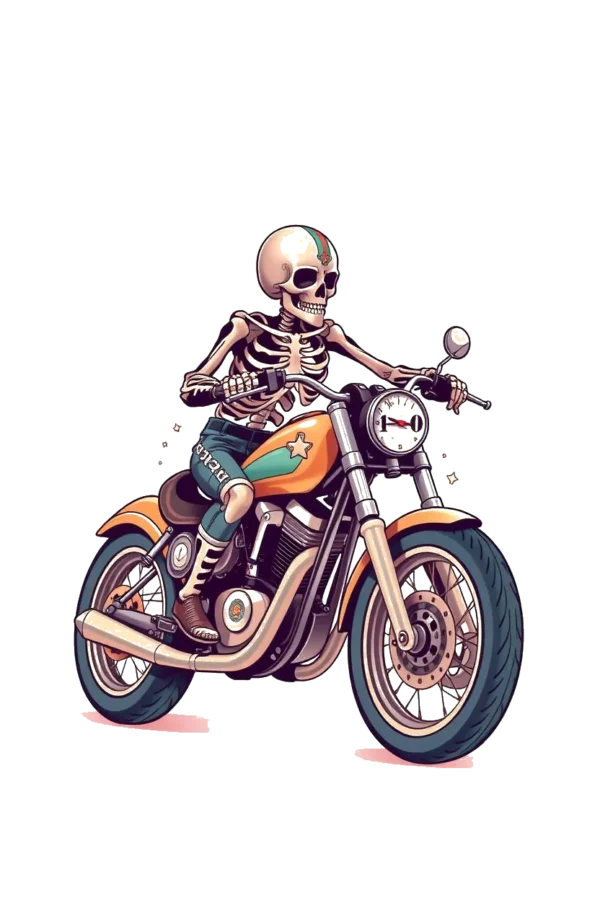 Temporary temporary tattoo design featuring a skeleton in a blue shirt and dark pants riding an orange and black motorcycle. The skeleton sits on the left side of the motorcycle, facing right, with a white headlight and black exhaust pipe. The stark white background emphasizes the