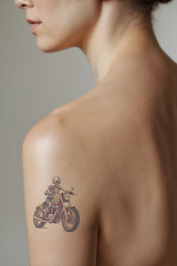Temporary temporary tattoo design featuring a skeleton in profile, riding a vibrant orange and black motorcycle. The skeleton is dressed in a blue shirt and dark pants, positioned on the left side of the motorcycle, facing right. The motorcycle includes a white headlight and black