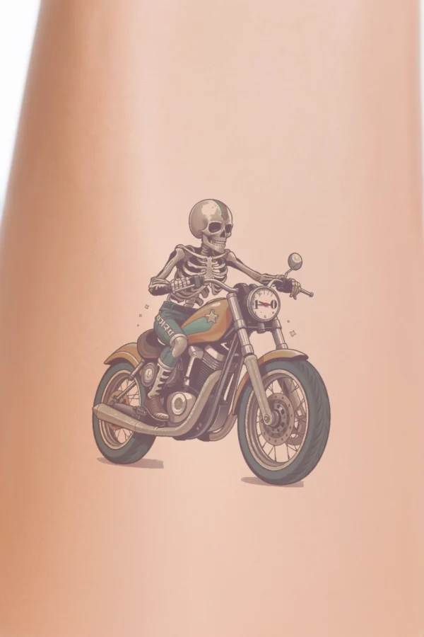Temporary temporary tattoo design featuring a skeleton in a blue shirt and dark pants riding an orange and black motorcycle. The skeleton is positioned on the left side, facing right. The motorcycle has a white headlight and a black exhaust pipe, all set against a stark