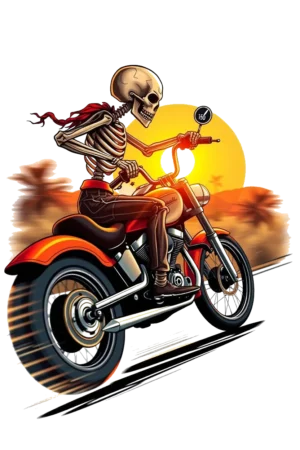 A temporary tattoo design featuring a skeleton in a red bandana riding an orange and black motorcycle. The skeleton is positioned on the left side of the bike, which has a black seat and handlebars. The background showcases a blurred landscape with palm trees and a