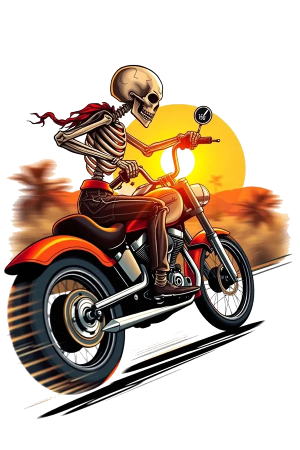 A temporary temporary tattoo design featuring a skeleton in a red bandana riding an orange and black motorcycle. The skeleton is positioned on the left side of the bike, which has a black seat and handlebars. The background showcases a blurred landscape with palm trees and a
