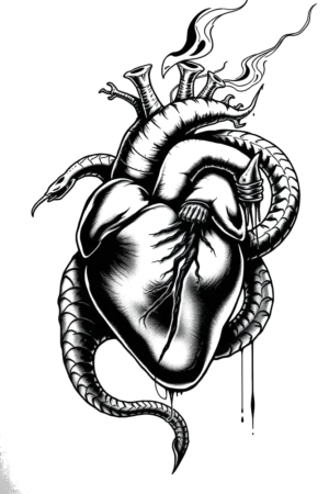 A detailed black and white illustration of a human heart centered in the image, surrounded by a coiled snake. The heart is realistic and lifelike, showcasing intricate details. The snake, primarily black with gray areas, has its lighter gray head facing right