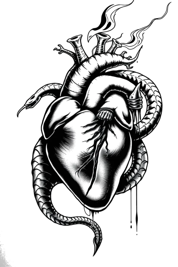 A detailed black and white illustration of a human heart centered in the image, surrounded by a coiled snake. The heart is realistic and lifelike, showcasing intricate details. The snake, primarily black with gray areas, has its lighter gray head facing right