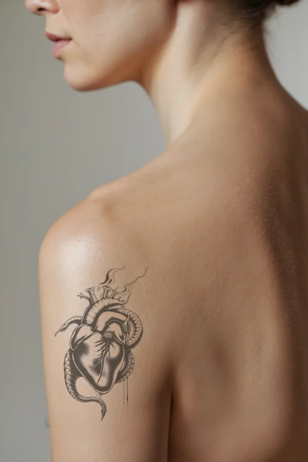 Alternative text: "Profile view of a person's shoulder featuring a temporary temporary tattoo. The temporary tattoo illustrates a realistic human heart in black and white, intricately detailed with lifelike textures. Coiling around the heart is a snake, predominantly black with gray tones,