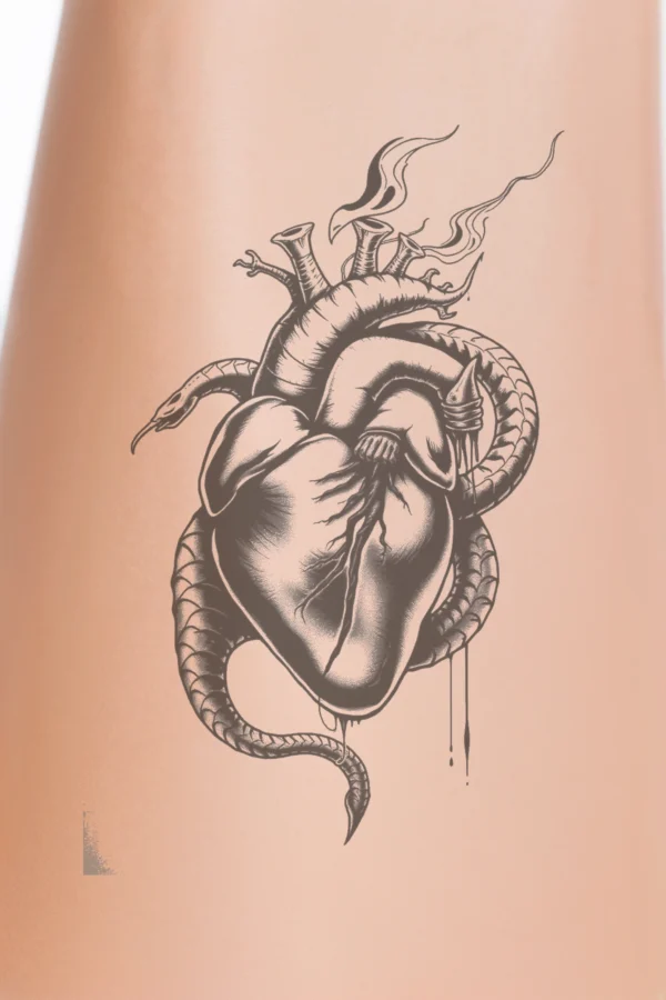 A realistic black and white illustration of a human heart, intricately detailed, is at the center of the image. A coiled black snake, with areas of gray and a lighter gray head facing right, wraps around the heart, creating dynamic movement.