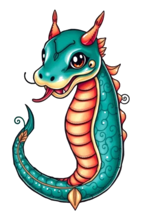 A vibrant temporary tattoo design featuring a traditional Chinese-style dragon. The dragon's body is teal with an orange and yellow gradient, while its striking blue head has two pointed horns and an open mouth displaying sharp teeth. Its expressive eyes are large, and the