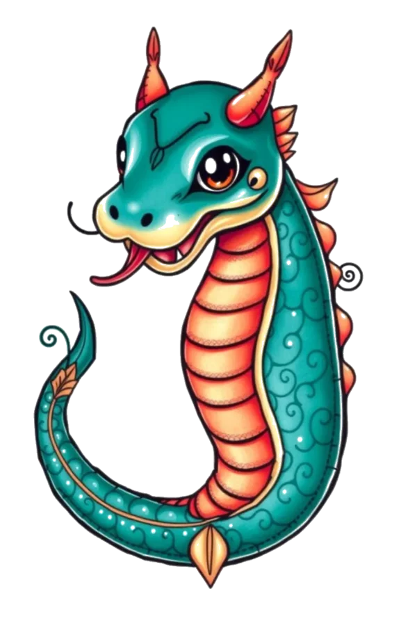 A vibrant temporary temporary tattoo design featuring a traditional Chinese-style dragon. The dragon's body is teal with an orange and yellow gradient, while its striking blue head has two pointed horns and an open mouth displaying sharp teeth. Its expressive eyes are large, and the