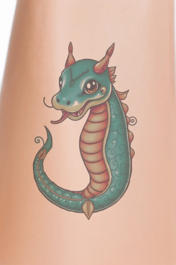 A vibrant temporary temporary tattoo design featuring a traditional Chinese-style dragon. The dragon's body is predominantly teal with a gradient of orange and yellow, while its striking blue head showcases two pointed horns. With an open mouth revealing sharp teeth and large expressive eyes, the