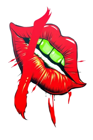 A temporary tattoo design featuring vibrant red lips that are slightly parted, revealing a green substance inside, resembling lip gloss or lipstick. The lips are embellished with a striking red and darker shade design that appears jagged and dripping, mimicking a stylized mouth
