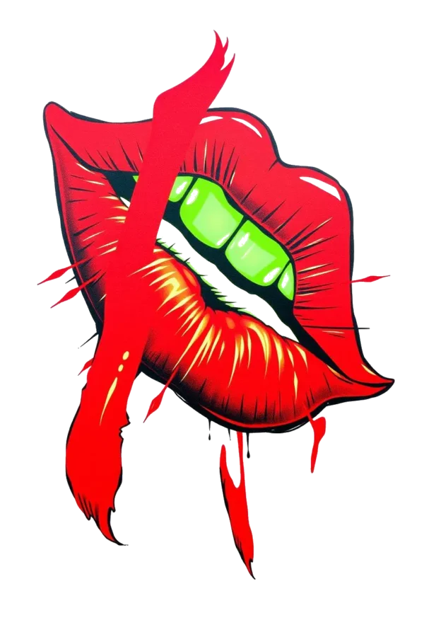 A temporary temporary tattoo design featuring vibrant red lips that are slightly parted, revealing a green substance inside, resembling lip gloss or lipstick. The lips are embellished with a striking red and darker shade design that appears jagged and dripping, mimicking a stylized mouth