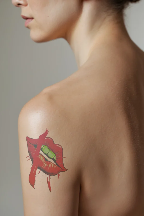 Profile view of a person's shoulder featuring a vibrant red temporary tattoo of a pair of slightly parted lips, showcasing a green substance that resembles lip gloss. The lips are surrounded by a striking red jagged design that appears dripping and stylized, creating a dynamic effect