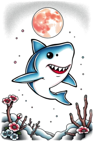 A cartoon shark with a friendly expression floats against a large, pinkish-red moon. The shark, central in the image, is blue and white with a prominent white underbelly and darker blue fins. Its large, round eyes and wide-open mouth