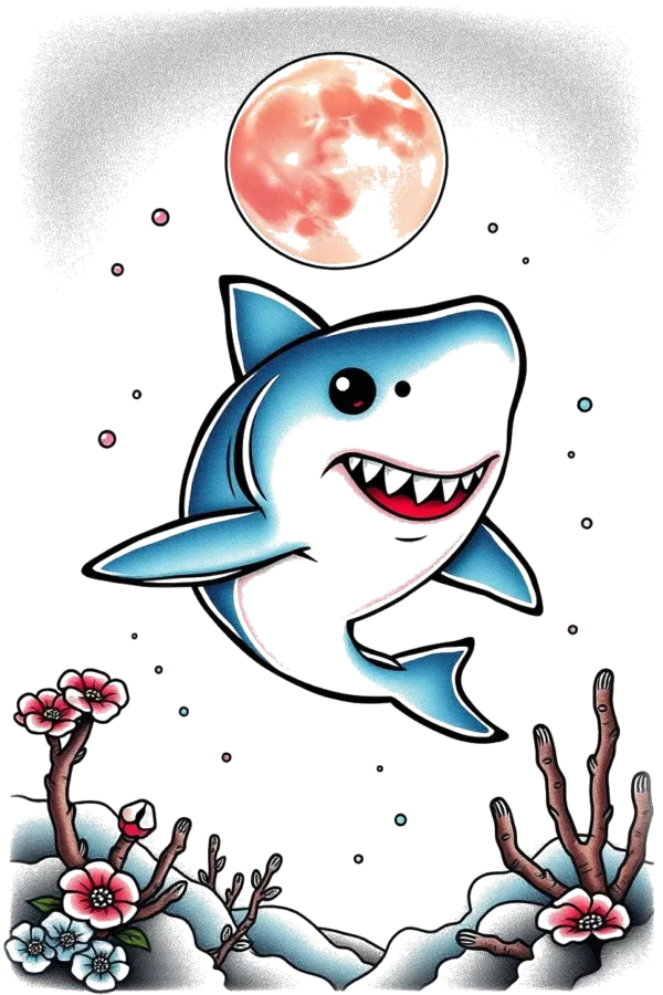 A cartoon shark with a friendly expression floats against a large, pinkish-red moon. The shark, central in the image, is blue and white with a prominent white underbelly and darker blue fins. Its large, round eyes and wide-open mouth