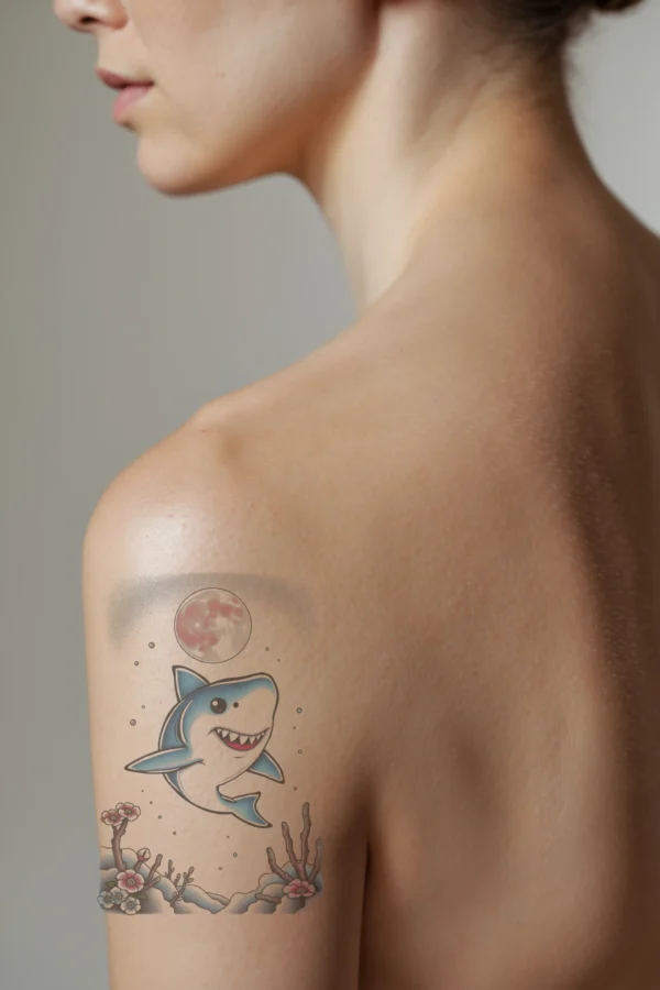 A temporary temporary tattoo featuring a friendly cartoon shark in profile on a person's shoulder. The shark, primarily blue and white with a prominent white underbelly and darker blue fins, floats against a large pinkish-red moon. Its large round eyes and wide mouth