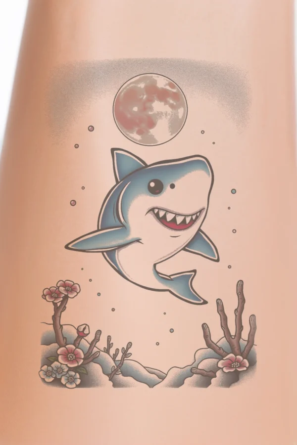 A cartoon shark with a friendly expression swims joyfully in front of a large pinkish-red moon. It is centered in the image, facing right, with a blue and white body, a prominent white underbelly, and darker blue fins. Its