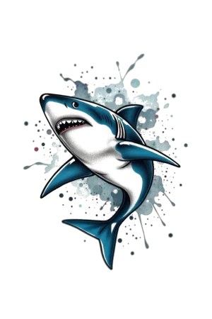 A vibrant temporary tattoo design featuring a realistic shark in shades of blue and white. The shark is centered and facing right, with its head slightly turned left and mouth open to show sharp teeth. Its dark blue tail contrasts with its lighter body. The background