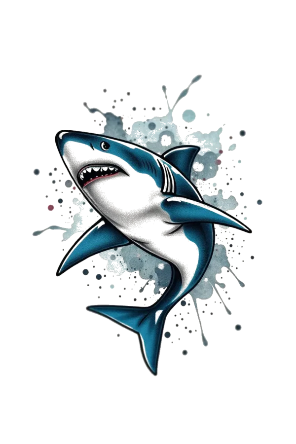 A vibrant temporary temporary tattoo design featuring a realistic shark in shades of blue and white. The shark is centered and facing right, with its head slightly turned left and mouth open to show sharp teeth. Its dark blue tail contrasts with its lighter body. The background