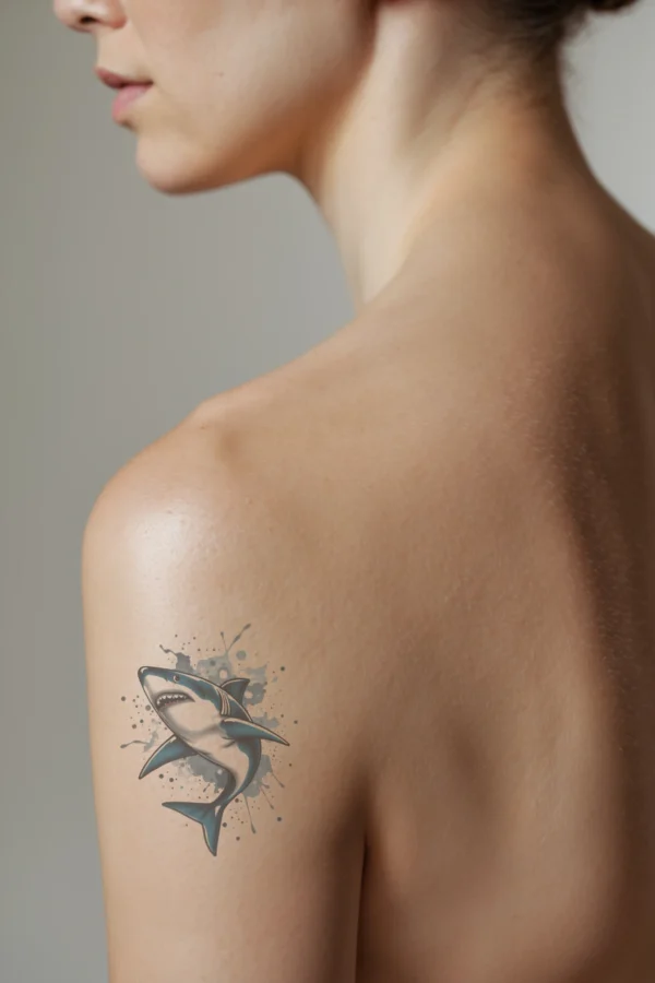 Image of a temporary temporary tattoo on a person's shoulder, displaying a vibrant blue and white shark in profile. The shark, oriented towards the right, has its head slightly turned left, showcasing an open mouth with sharp teeth. Its dark blue tail contrasts with the