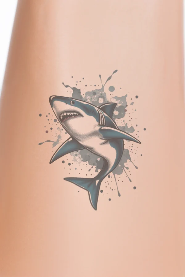 Temporary temporary tattoo design featuring a vibrant illustration of a shark in shades of blue and white. The shark is centered, facing right with its body angled and head slightly turned left, showcasing its open mouth filled with sharp teeth. Its dark blue tail contrasts with the