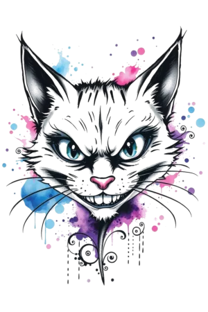 A vibrant temporary tattoo featuring a stylized cat's face, prominently displayed against a white background. The cat's expression is mischievous, with wide open eyes and a playful grin. Its fur showcases shades of white and gray, complemented by a pink