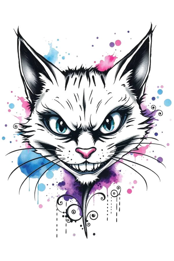 A vibrant temporary temporary tattoo featuring a stylized cat's face, prominently displayed against a white background. The cat's expression is mischievous, with wide open eyes and a playful grin. Its fur showcases shades of white and gray, complemented by a pink
