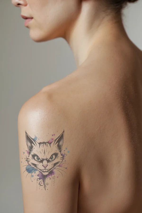 A temporary temporary tattoo on a person's shoulder features a stylized illustration of a mischievous cat's face. The cat is portrayed in vibrant pink, blue, and white hues, with wide eyes and a cheeky grin. Its fur displays shades of white
