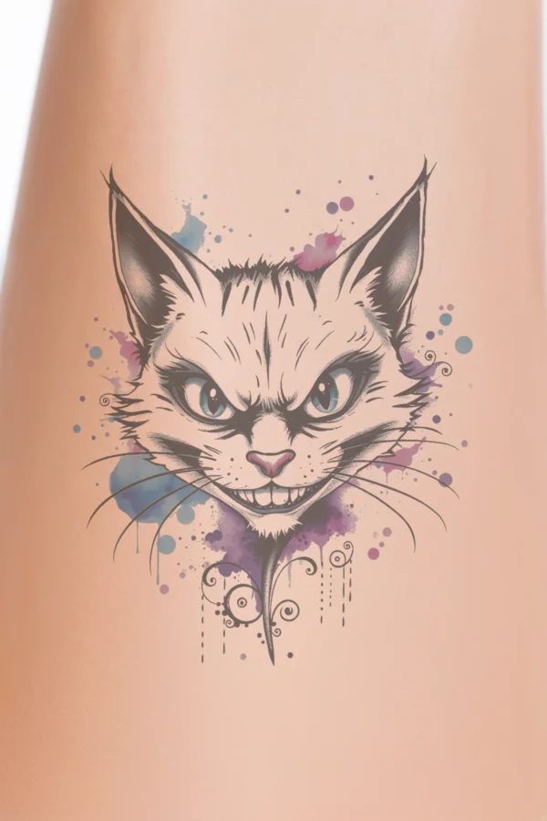 A vibrant temporary temporary tattoo featuring a stylized cat's face, showcasing a playful expression with wide-open eyes and a cheeky grin. The cat's fur is illustrated in shades of white and gray, complemented by a pink nose and tongue. Long, thin