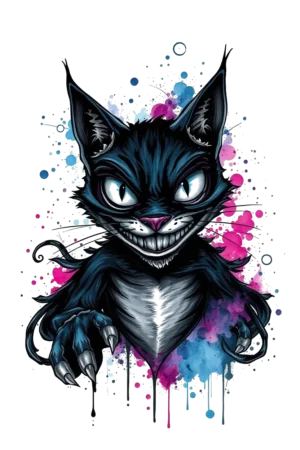 A stylized temporary tattoo design featuring a black cat with a mischievous expression, accented with blue and pink fur. Its wide, intense eyes and grinning mouth convey playfulness, while its sharp, pointed paws with extended claws add a sense of