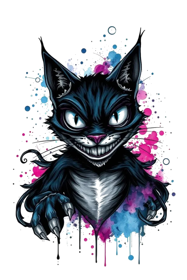 A stylized temporary temporary tattoo design featuring a black cat with a mischievous expression, accented with blue and pink fur. Its wide, intense eyes and grinning mouth convey playfulness, while its sharp, pointed paws with extended claws add a sense of