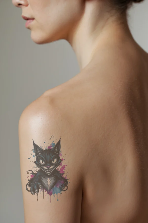 A profile view of a person showcasing a temporary temporary tattoo on their shoulder featuring a stylized black cat with blue and pink accents. The cat has wide, intense eyes and a mischievous grin, with sharp, extended claws. The background is a vibrant