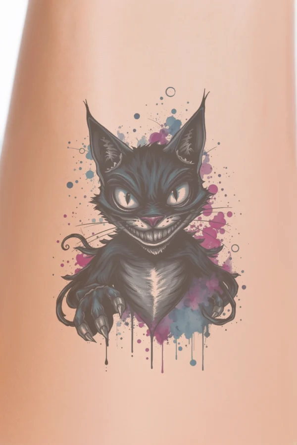 A stylized temporary temporary tattoo design featuring a black cat with blue and pink accents, wearing a mischievous grin. The cat's wide, intense eyes and extended sharp claws enhance its playful demeanor. The background showcases a vibrant mix of pink, blue,