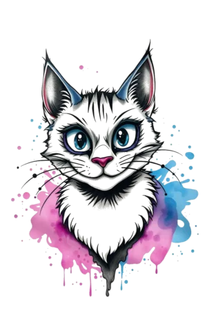 A digital illustration of a cat's face designed as a temporary tattoo, featuring bold lines and a traditional tattoo art style. The cat has wide, alert eyes and a neutral expression. Its fur is predominantly white with light gray or black accents, while its