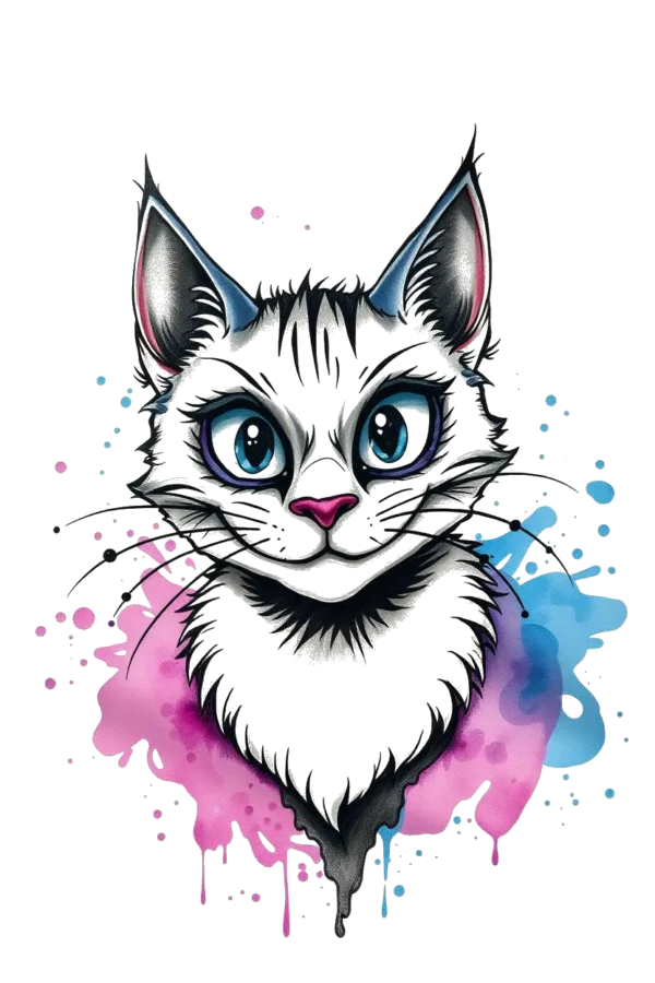 A digital illustration of a cat's face designed as a temporary temporary tattoo, featuring bold lines and a traditional temporary tattoo art style. The cat has wide, alert eyes and a neutral expression. Its fur is predominantly white with light gray or black accents, while its