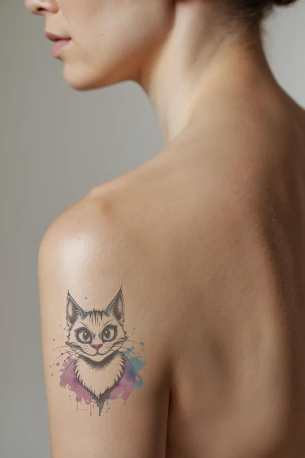 A profile view of a person's shoulder showcases a temporary temporary tattoo of a cat's face, characterized by traditional temporary tattoo art style. The design features a predominantly white cat with gray and black accents, pointed ears, and a pinkish-red nose. The cat's