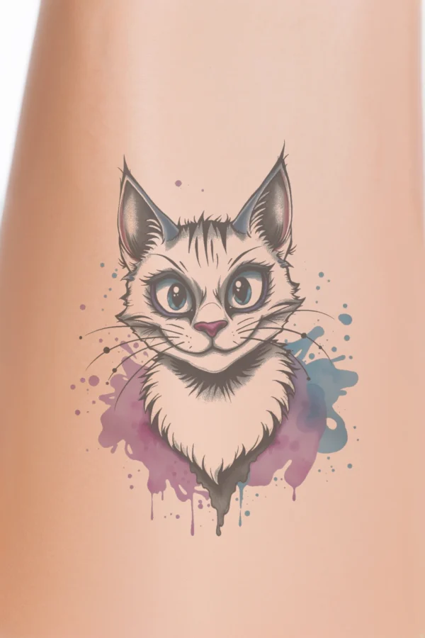 A digital illustration of a cat's face designed as a temporary temporary tattoo, featuring a neutral expression. The cat's fur is primarily white with gray and black accents. Its wide-open eyes look directly at the viewer, while its pointed ears are alert. The