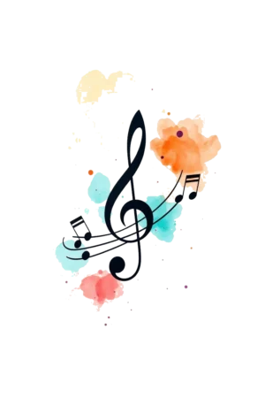 A temporary tattoo design featuring a central black treble clef surrounded by vibrant watercolor splashes in pink, orange, and blue. The colors are artistically scattered around the clef against a stark white background, creating a lively and dynamic composition. The