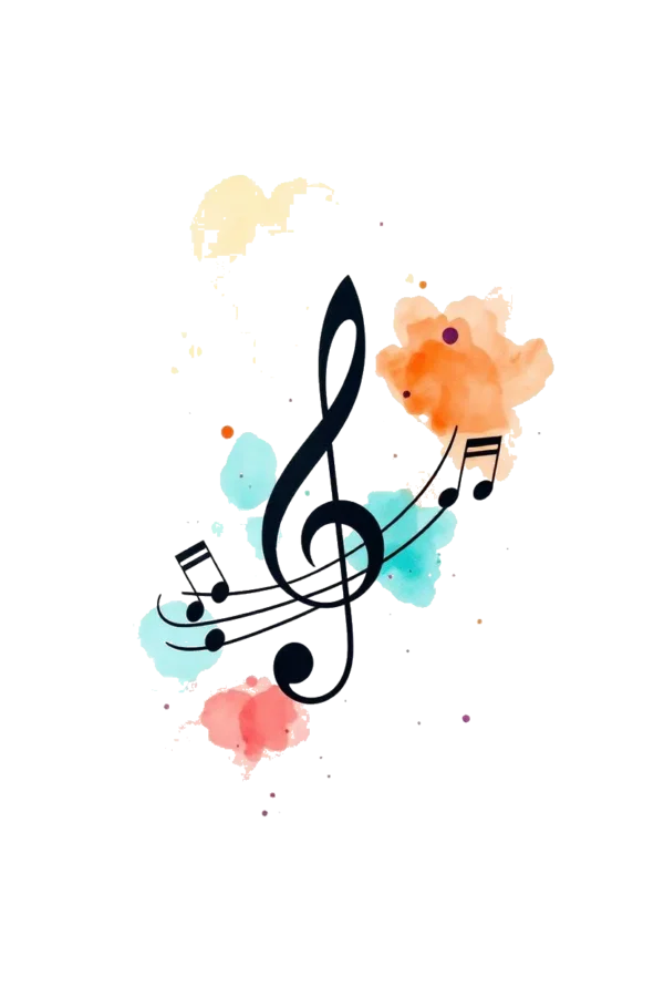 A temporary temporary tattoo design featuring a central black treble clef surrounded by vibrant watercolor splashes in pink, orange, and blue. The colors are artistically scattered around the clef against a stark white background, creating a lively and dynamic composition. The