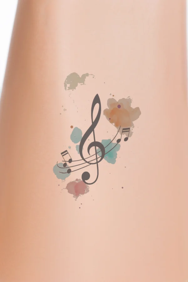 Vibrant temporary temporary tattoo design featuring a central black treble clef surrounded by colorful watercolor splashes in pink, orange, and blue. The dynamic composition is set against a stark white background, enhancing the contrast and drawing attention to the musical symbol.