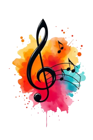 A temporary tattoo design featuring a central black musical staff with a slightly tilted treble clef on the left and two tilted bass clefs on the right. The treble clef is embellished with a vibrant splash of orange, pink, and red colors