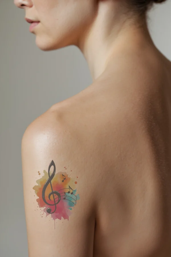 A temporary temporary tattoo on a person's shoulder depicts a musical staff in the center, adorned with a black treble clef on the left, slightly tilted, and two bass clefs on the right, also tilted. The treble clef is surrounded by