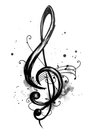 A bold black and white temporary tattoo design featuring a centrally placed treble clef, illustrated in a traditional tattoo style with thick lines and a textured appearance. Surrounding the clef are various musical notes rendered in a realistic style, some appearing to float