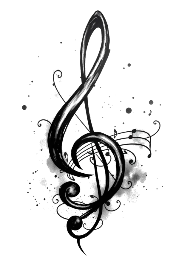 A bold black and white temporary temporary tattoo design featuring a centrally placed treble clef, illustrated in a traditional temporary tattoo style with thick lines and a textured appearance. Surrounding the clef are various musical notes rendered in a realistic style, some appearing to float