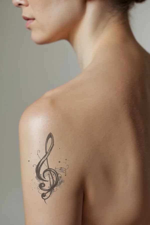 Temporary temporary tattoo design featuring a side-profile of a person with a prominent black and white treble clef temporary tattooed on their shoulder. The treble clef is illustrated in a bold, traditional temporary tattoo style, surrounded by a dynamic arrangement of musical notes,