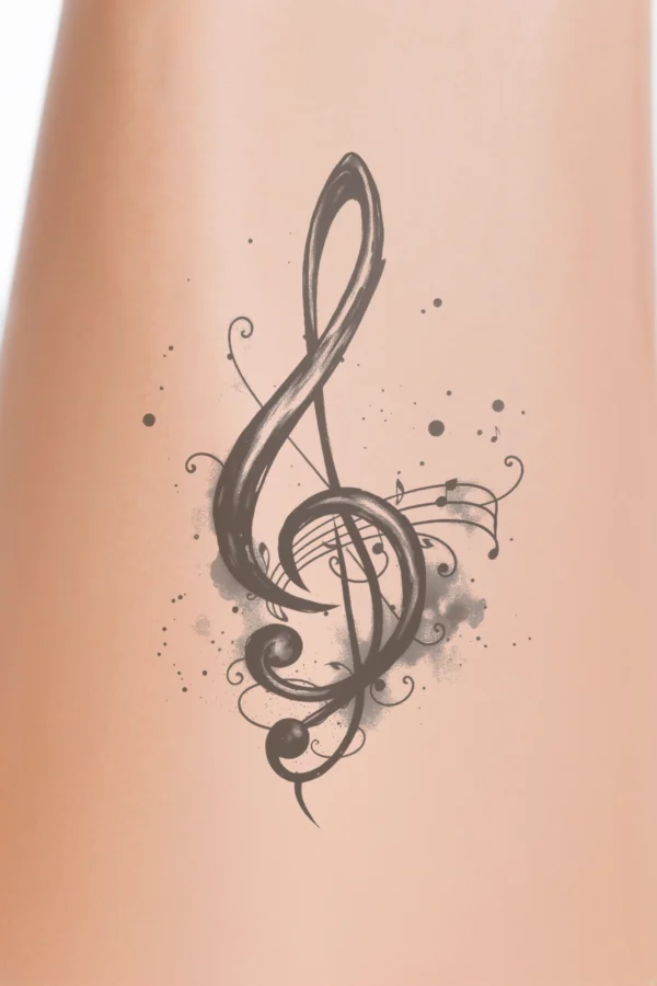 A striking black and white temporary temporary tattoo featuring a central treble clef surrounded by a scattering of musical notes. The treble clef is illustrated in a bold, traditional temporary tattoo style with textured lines, while the musical notes vary in realism, some appearing