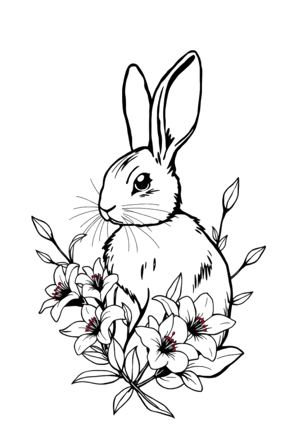 Temporary temporary tattoo design featuring a black and white illustration of a textured rabbit at the center, facing right. The rabbit has a slightly turned head, pointed ears, and large round eyes, with a dark nose. It is surrounded by stylized flowers in white