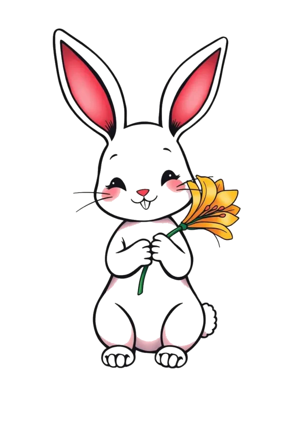 Temporary temporary tattoo design of a cute white rabbit with soft cream fur, pink inner ears, and a pink nose, standing upright and holding a yellow flower with a dark center and light-colored stem. The rabbit's light pink eyes contrast against a stark white background