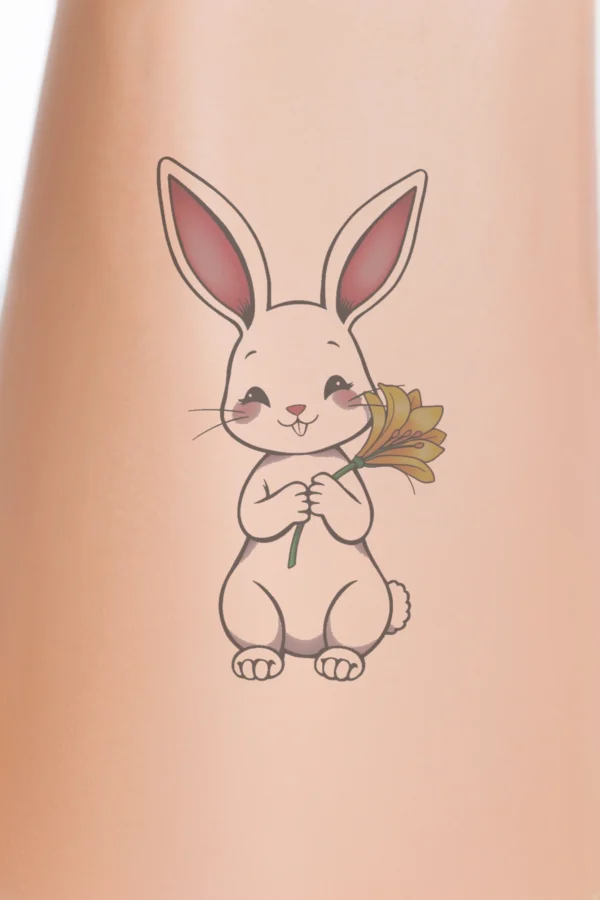 Temporary temporary tattoo design of a creamy white rabbit with pink inner ears and a pink nose, standing upright. It holds a yellow flower with a dark yellow center and light yellow stem. The rabbit has light pink eyes, set against a stark white background.