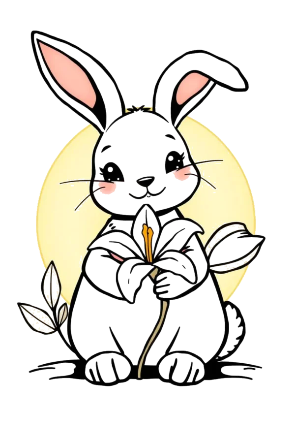 Temporary temporary tattoo design featuring a white rabbit with pink ears and nose, sitting against a light yellow/cream background. The rabbit holds a white lily with a yellow center in its paws, gazing directly at the viewer. Its fur is intricately detailed with
