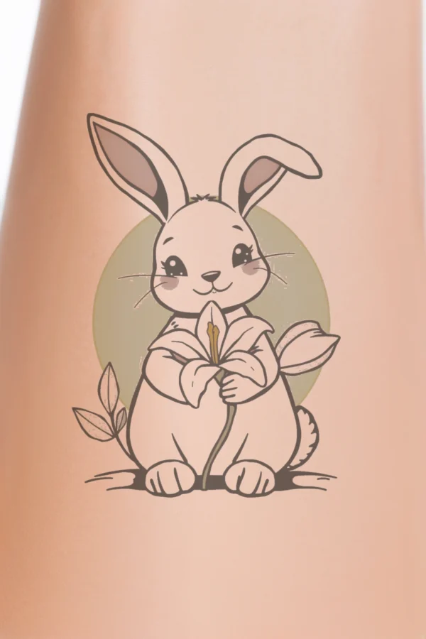 Temporary temporary tattoo design featuring a detailed white rabbit with pink ears and nose, sitting against a light yellow/cream background. The rabbit has intricate black line detailing on its fur and large, round eyes. It holds a white lily with a yellow center in its