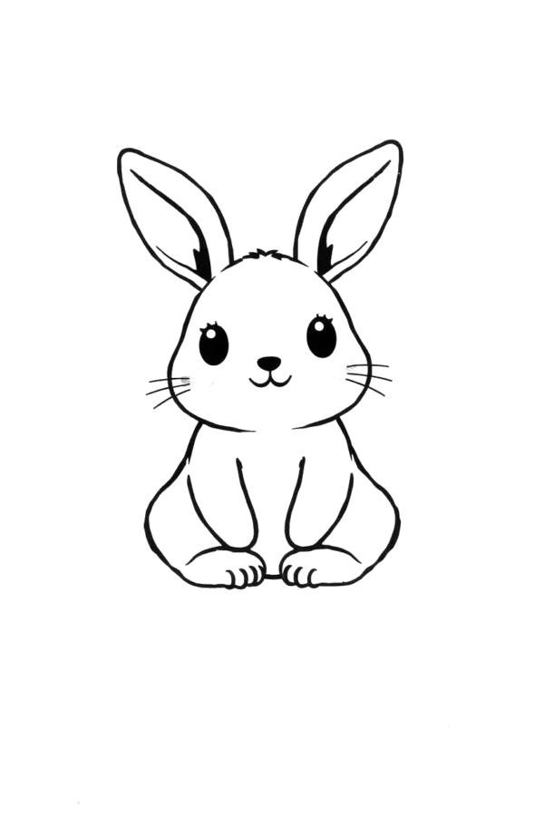 A black and white illustration of a seated rabbit with tucked legs, large round ears, and a small nose, featuring a soft, fluffy texture in its fur. The design is simple and stylized, centered on the rabbit with no additional elements.